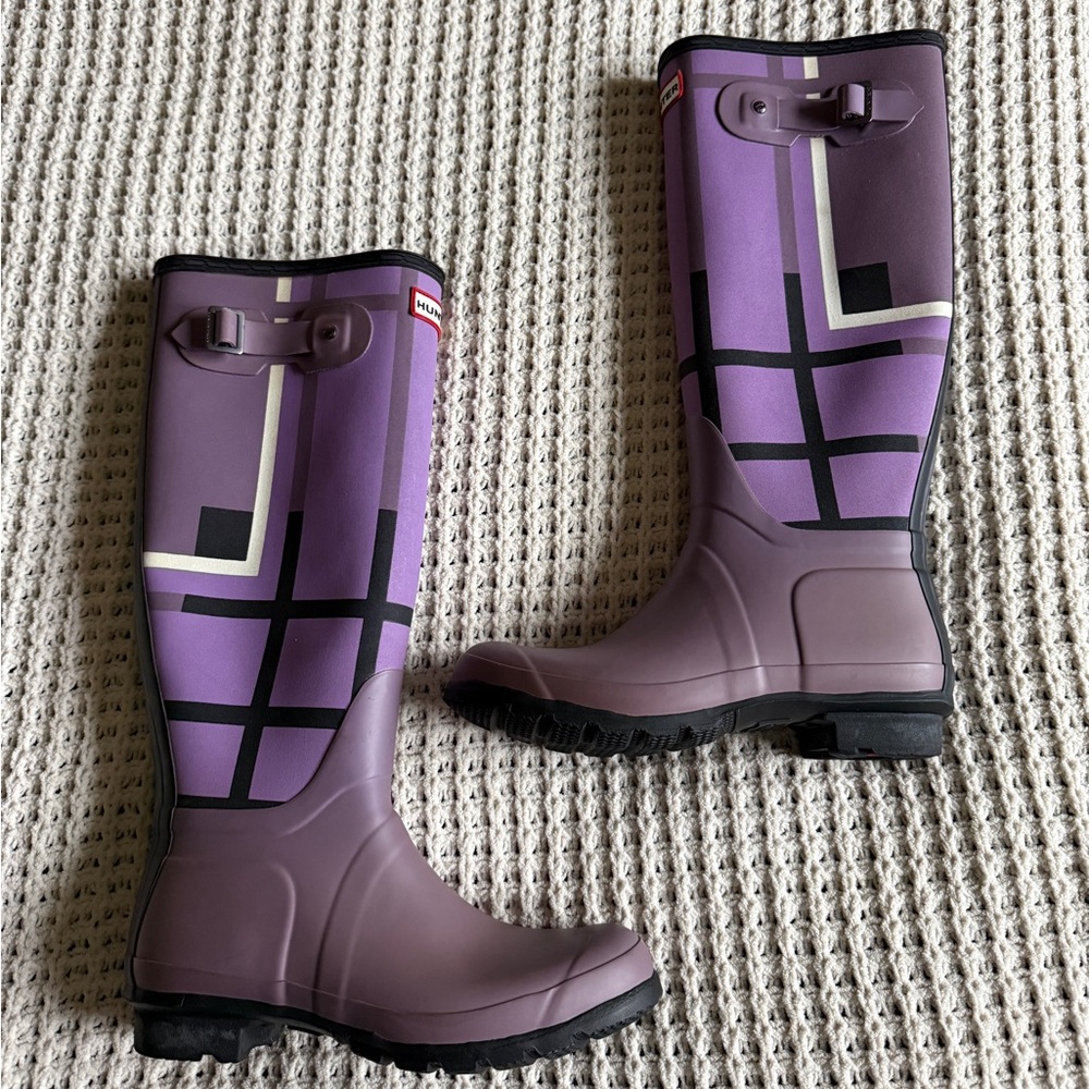 Hunter Purple Geometric Plaid Tall Rain Boots Size 8 Outdoor Water Resistant